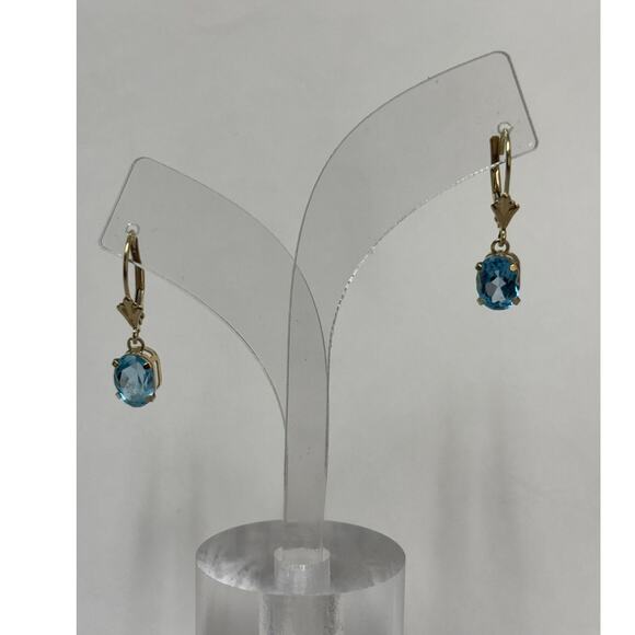 14K Yellow Gold Oval Blue Topaz Dangle Earrings #63617 - Picture 1 of 6